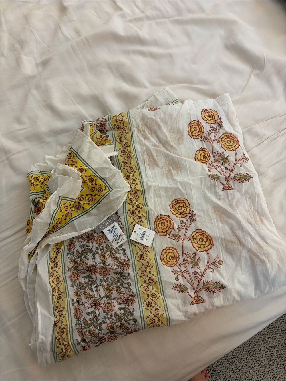 J. Crew White Cotton Scarf with Yellow Floral Print